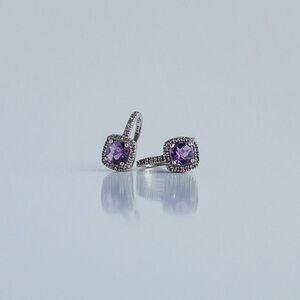 Sterling Silver Purple Amethyst Colourless Topaz Leverback Earrings Cushion Cut
